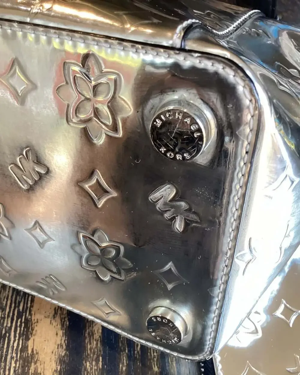 Michael Kors Ciara Zip Top Silver Mirror Embossed Tote with Matching Wristlet